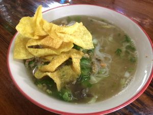 Tom yum noodles soup. Loaded with lots of noodles and various soy proteins.  at Tamachat in Chiang Rai