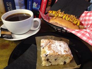 Vegan Hot dawg, delicious vegan Blondie cake and the best coffee in Deptford. at The Waiting Room in South East London