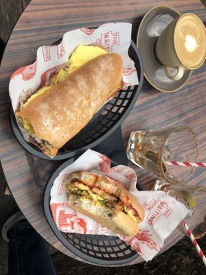 Mammoth Maiden and Rude Ben subs, flat white and ex-Bloody Marys. Mmmm     at The Waiting Room in South East London