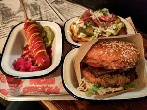 Burger, chili fries and corn dog at The Waiting Room in South East London