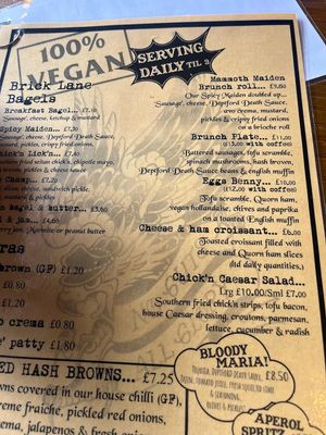 Vegan menu  at The Waiting Room in South East London