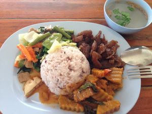 There's always green veggies, a vareity of protein options with nice textures, and the flavors are very strong.  Something always pushes my limits of spiciness, like this curry. at Porwin Vegetarian in Chiang Rai