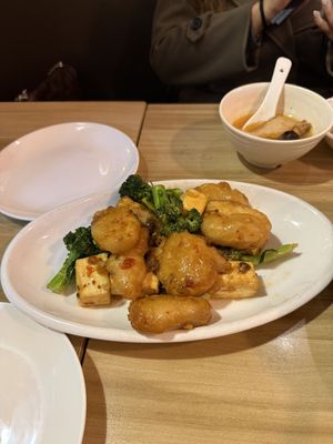 Fried broccoli, monkey head mushroom, and tofu  at Amazing Kitchen in Kowloon