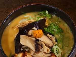 SHINJUKU MUSHROOM DUO — VEGAN / Plant-based gyoza and shumai served in a rich vegetables soup made especially for this dish. / Allergy info:  Soy, Celery at ENGINE SHINJUKU RAMEN in Tokyo
