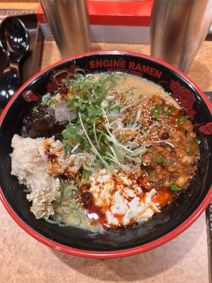 Spicy miso ramen with GF rice noodles. This was 10/10  at ENGINE SHINJUKU RAMEN in Tokyo