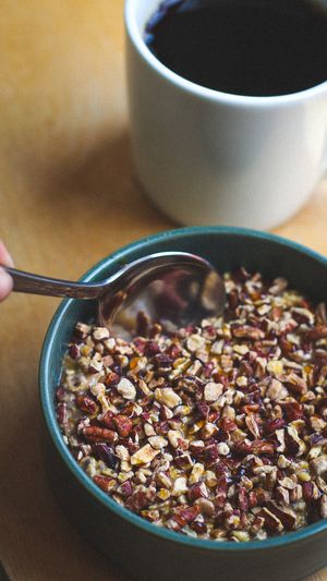 Overnight Oats with chia seeds, oats, almond milk, maple, cinnamon and toasted pecans   at Passionfruit Coffee in Brooklyn