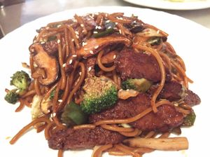 Stir-fried spaghetti with vegetarian BBQ pork at Cafe La Fresco Veggie - Enterprises Square in Kowloon