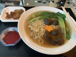 Mushroom noodles with a side of fried chicken -Korean style at Tishifang 滴水坊 - Kowloon Bay in Kowloon