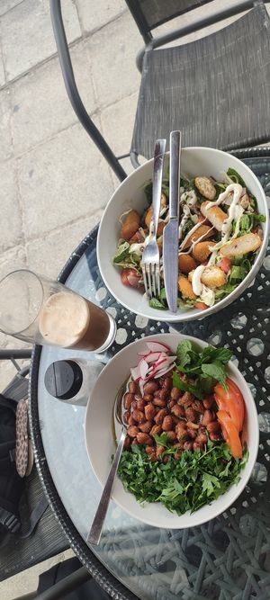 Vegan chicken salad, fava beans & frappe at Falafel Abu Dany in Larnaca