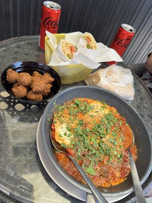 Shakshuka and vegan chicken wrap  at Falafel Abu Dany in Larnaca