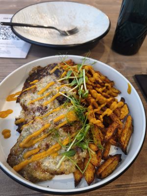 Zucchini fritters with potatoes at Sacred Kitchen in Almaty