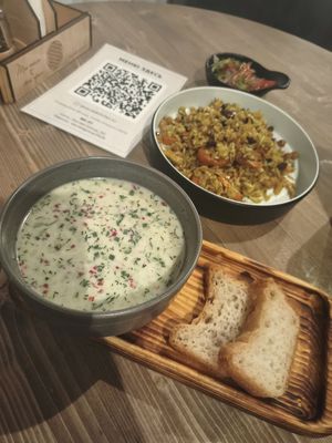 Cold soup with tofu and pickles (can't remember the name on the menu), plov at Sacred Kitchen in Almaty