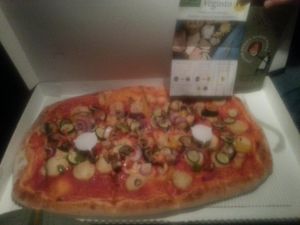 The giant half-metre vegan pizza with roasted veg and vegusto cheese at Pizza In A Box in Bexhill
