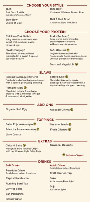 Menu (as of June 2015) at TaKorean - 4th St in Washington