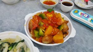 sweet and sour mock pork balls  at Po To Vegetarian 普陀素食" in New Territories