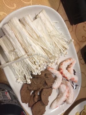 Enoki mushroom, veg beef and veg shrimp at Mighty Vegetarian 大力素食 - Yuen Long" in New Territories