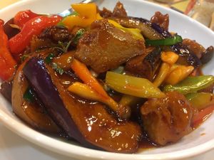 Sweet and Sour eggplant with mock meat with Thai Basil at Mighty Vegetarian 大力齋廚 - Tuen Mun in New Territories