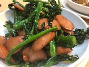 Chinese kale with veg sausages at Mighty Vegetarian 大力齋廚 - Tuen Mun in New Territories