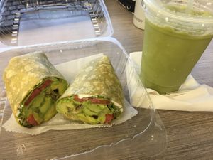 Avocado sandwich (asked for in a wrap) and matcha iced latte  at Humanitree House in Augusta