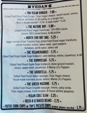 Vegan menu as of March 17, 2019 at The Red Hot in Tacoma
