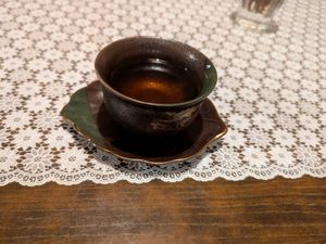 hot tea before dinner, ketsumeishi cha (決明子茶, cassia seed tea) at Vegan B&B in Gunma