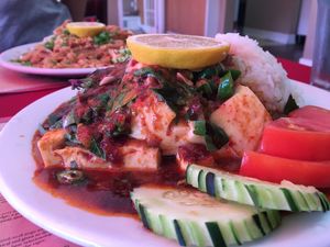Vegan: Spicy tofu (front) and Pad Thai (back) at Pat's Restaurant in Kingston