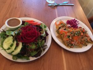 Organic greens and polenta cakes at Postcards in Hanalei