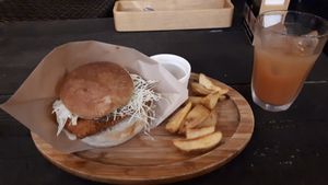 Burger Misokatsu and french fries (the sauce was really good too!) at Tami's in Chatan