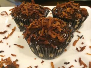 Bourbon Street cupcake. adult cupcake with rich dark chocolate, fudge filling and topping. sprinkled with salty smoky 'bacun' at Green Bar in Muntinlupa