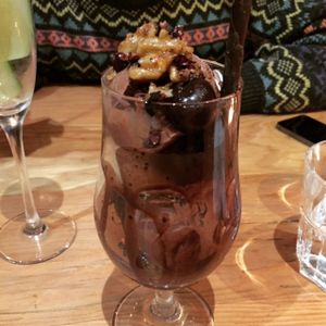 Chocolate cherry brownie sundae with locally made gelato  at Curly Kale Cafe in Cambridge