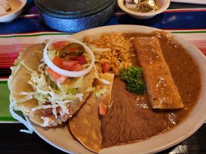 Puffy taco plate, fully vegan even the beans and rice at La Fiesta Patio Cafe in Universal City