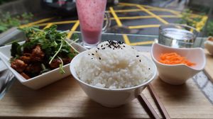 The Tempeh BBQ Bowl - still one of my FAVORITE dishes!! The BBQ is sweet and not spicy for us spice-wimps and has delicious mushrooms hidden within! Also the sweet-carrot salad on the side is SO yummy and refreshing! at Mianto 艾果豐 in Taipei