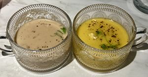 Mushroom soup on L, Corn onR #Veganuary at Mianto 艾果豐 in Taipei