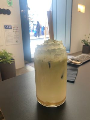 Iced banana oat milk matcha with vegan cold foam  at Rise & Dine | Brunch & Fine Dining in Funchal