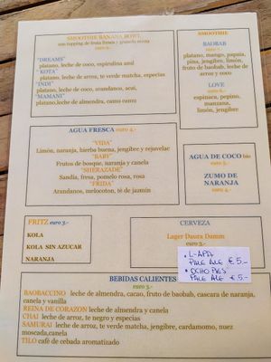 Carta bebidas at Baobab in Fuerteventura