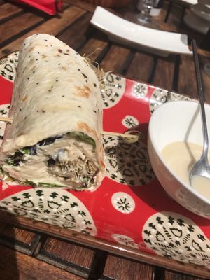 Wrap with chickpea omelette hummus and veg  at Baobab in Fuerteventura