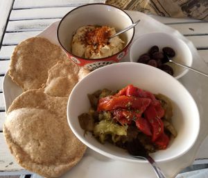 Aubergine, peppers, olives, hummous, spelt pitta at Baobab in Fuerteventura