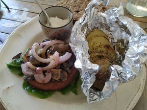 Vegan burger with roasted potato at Baobab in Fuerteventura