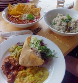 Curry plate, mushroom risotto, Mexican bean stew. at Lentil as Anything - Newtown in Newtown