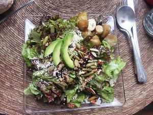 Salad with avocado, roasted baby potatoes, sunflower seeds etc. at Néctar en Camino Silvestre in San Miguel De Allende