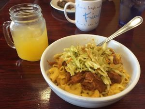 Vegan mac with cashew cheez sauce, BBQ jack fruit and cabbage slaw at The Farm Concessions and Café in Keene