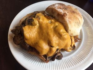 Vegan Rodeo Roundup Burger with cashew cheez sauce at The Farm Concessions and Café in Keene