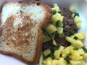 Spicy(??) Tropics Burger (with GF bread)  at The Farm Concessions and Café in Keene