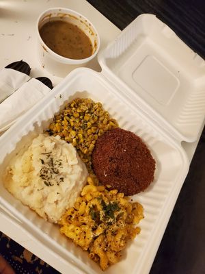 Beef fried steak, corn, mac and cheese, mashed potatoes w/ mushroom gravy at The Wayward Vegan in Seattle