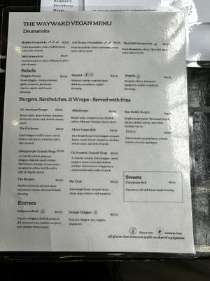 Menu as of 7/18/23  at The Wayward Vegan in Seattle