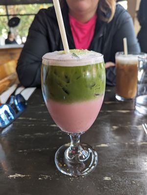 Strawberry milk and macha tea, how beautiful! at The Wayward Vegan in Seattle