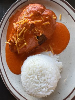 Chile relleno with enchilada sauce (current special)  at The Wayward Vegan in Seattle