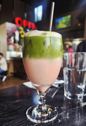 Strawberry Matcha Iced Latte at The Wayward Vegan in Seattle