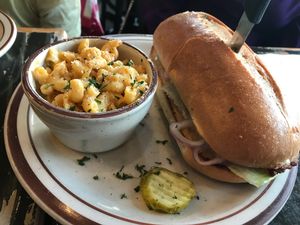 mac n cheese with bbq chicken sandwich at The Wayward Vegan in Seattle
