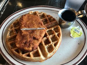 chicken with waffle! yumm! at The Wayward Vegan in Seattle